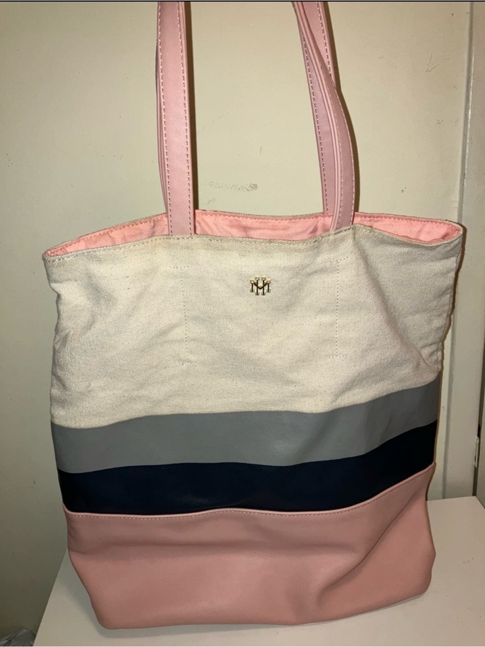 Canvas & Faux Leather Colorblock Tote Bag - Pink, Gray, Navy, Cream